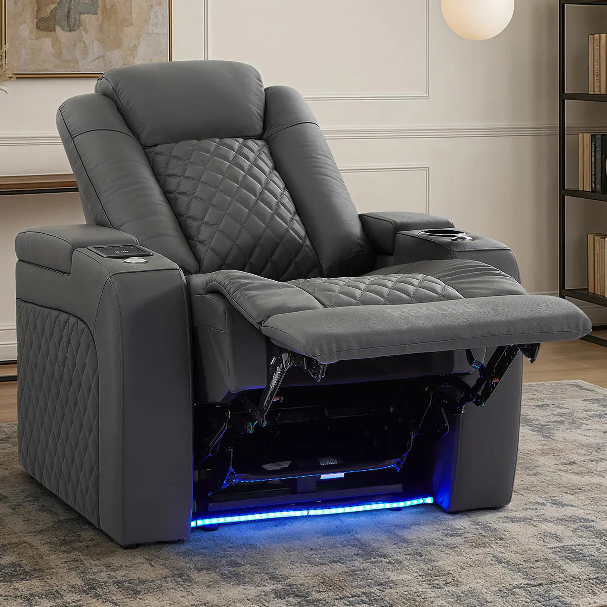 Home Cinema Chair in Grey Real Leather | Luxury for Gaming & Movie Theatre Seating | Electric Recliner with Power Headrest & Automatic Lumbar Support | Milano by REKLINE - Office Living Store