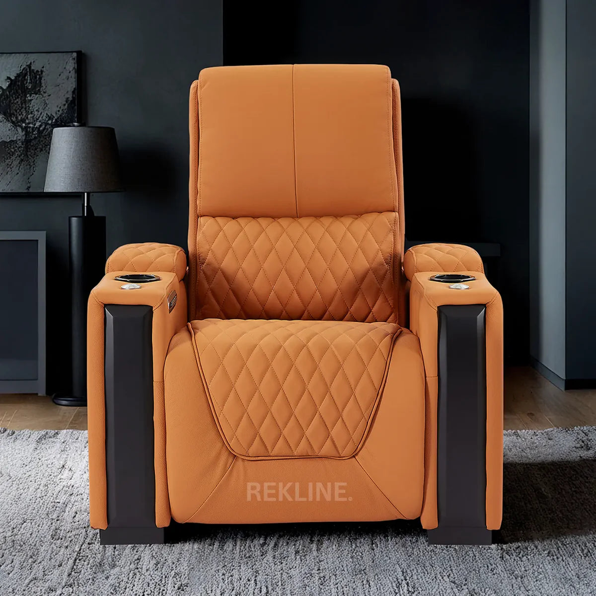 Home Cinema Chair in Orange Real Leather | Luxury for Gaming & Movie Theatre Seating | Electric Recliner with Power Headrest & Automatic Lumbar Support | Assisi by REKLINE - Office Living Store