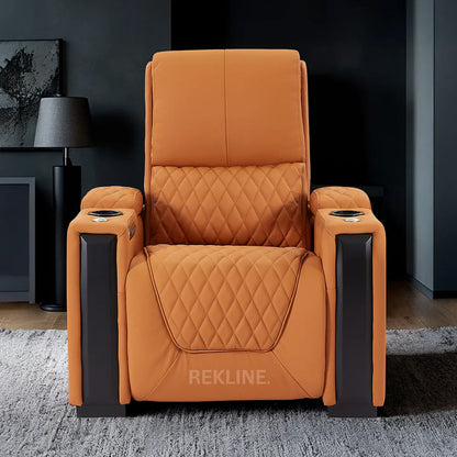 Home Cinema Chair in Orange Real Leather | Luxury for Gaming & Movie Theatre Seating | Electric Recliner with Power Headrest & Automatic Lumbar Support | Assisi by REKLINE - Office Living Store