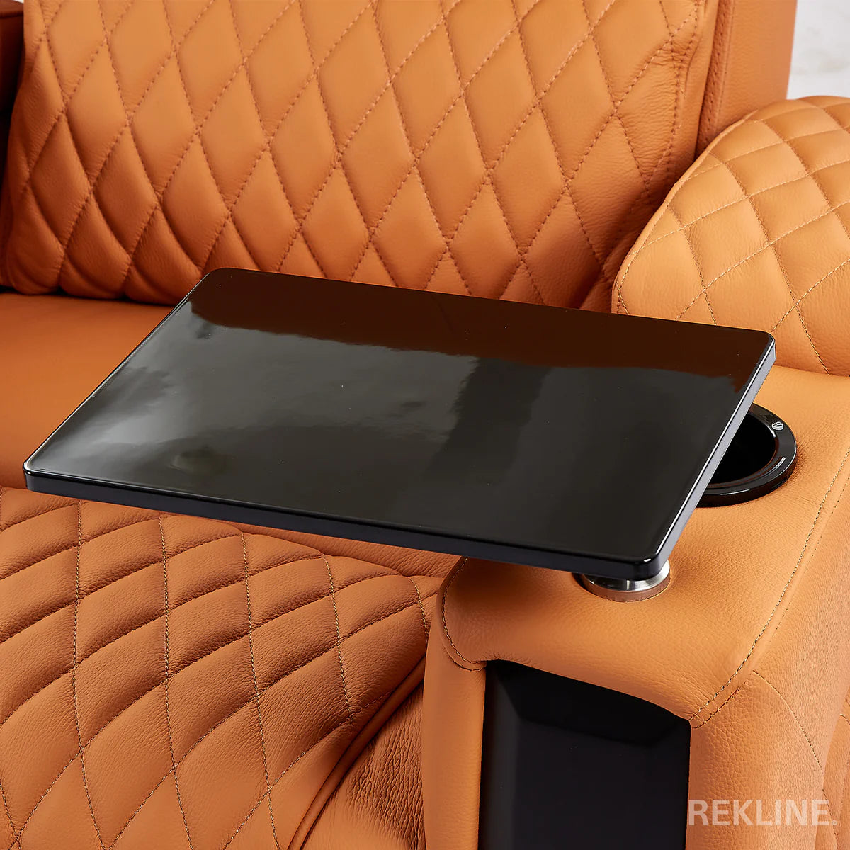 Home Cinema Chair in Orange Real Leather | Luxury for Gaming & Movie Theatre Seating | Electric Recliner with Power Headrest & Automatic Lumbar Support | Assisi by REKLINE - Office Living Store