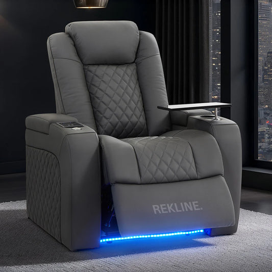 Home Cinema Chair in Grey Real Leather | Luxury for Gaming & Movie Theatre Seating | Electric Recliner with Power Headrest & Automatic Lumbar Support | Milano by REKLINE - Office Living Store