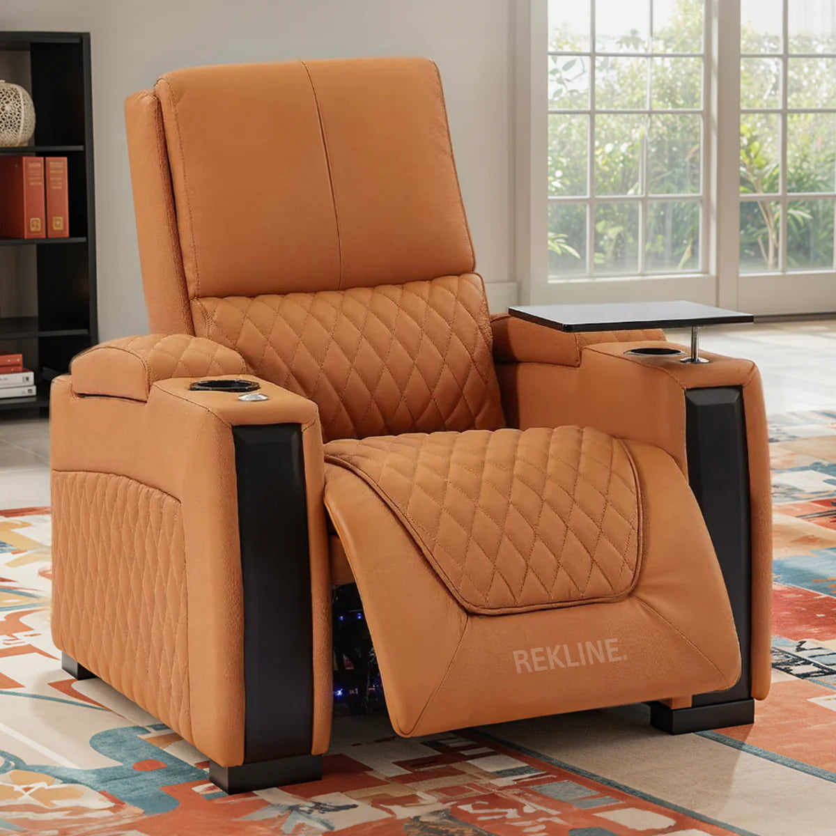 Home Cinema Chair in Orange Real Leather | Luxury for Gaming & Movie Theatre Seating | Electric Recliner with Power Headrest & Automatic Lumbar Support | Assisi by REKLINE - Office Living Store