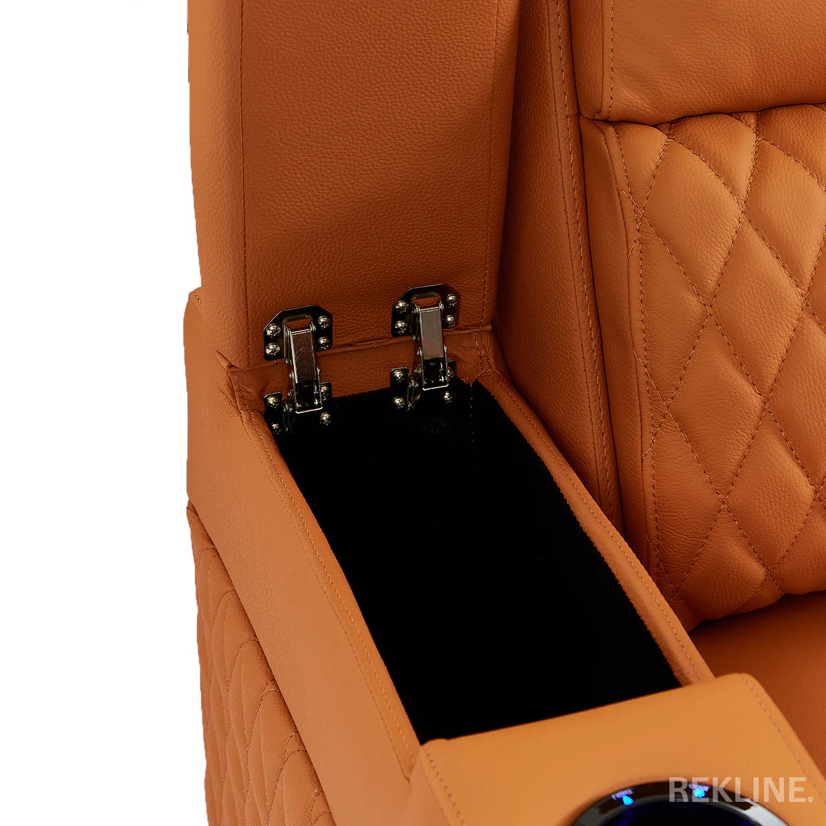 Home Cinema Chair in Orange Real Leather | Luxury for Gaming & Movie Theatre Seating | Electric Recliner with Power Headrest & Automatic Lumbar Support | Assisi by REKLINE - Office Living Store