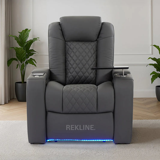 Home Cinema Chair in Grey Real Leather | Luxury for Gaming & Movie Theatre Seating | Electric Recliner with Power Headrest & Automatic Lumbar Support | Milano by REKLINE - Office Living Store