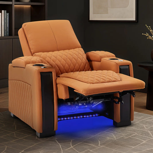 Home Cinema Chair in Orange Real Leather | Luxury for Gaming & Movie Theatre Seating | Electric Recliner with Power Headrest & Automatic Lumbar Support | Assisi by REKLINE - Office Living Store