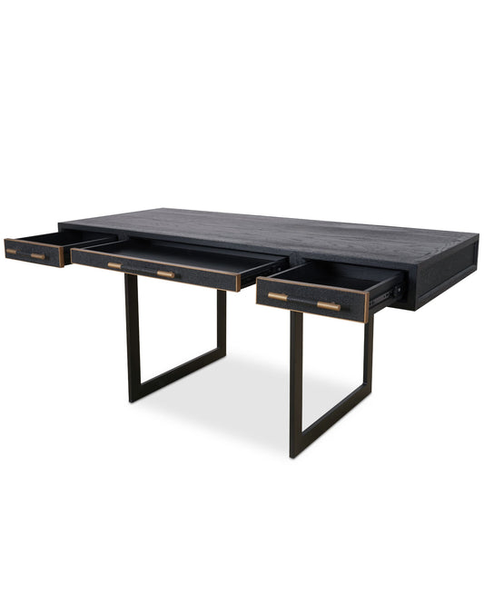 Moes Home Mako 63" Writing Desk with 3 Drawers - Black Oak Wood & Vegan Leather