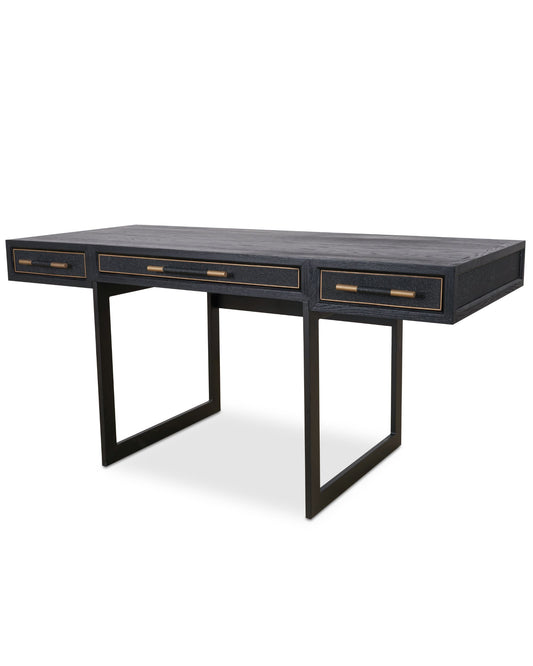 Moes Home Mako 63" Writing Desk with 3 Drawers - Black Oak Wood & Vegan Leather