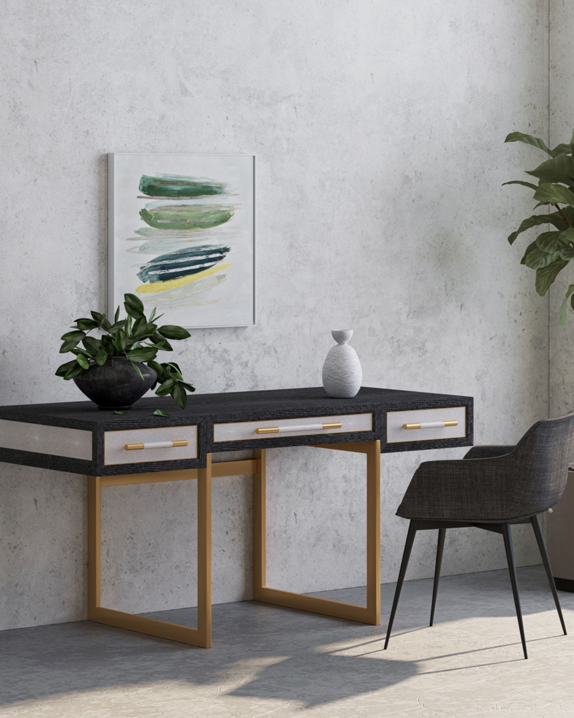 Moes Home Mako 63" Writing Desk with 3 Drawers - Grey Oak Wood & Vegan Leather - Office Living Store