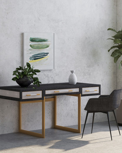 Moes Home Mako 63" Writing Desk with 3 Drawers - Grey Oak Wood & Vegan Leather - Office Living Store