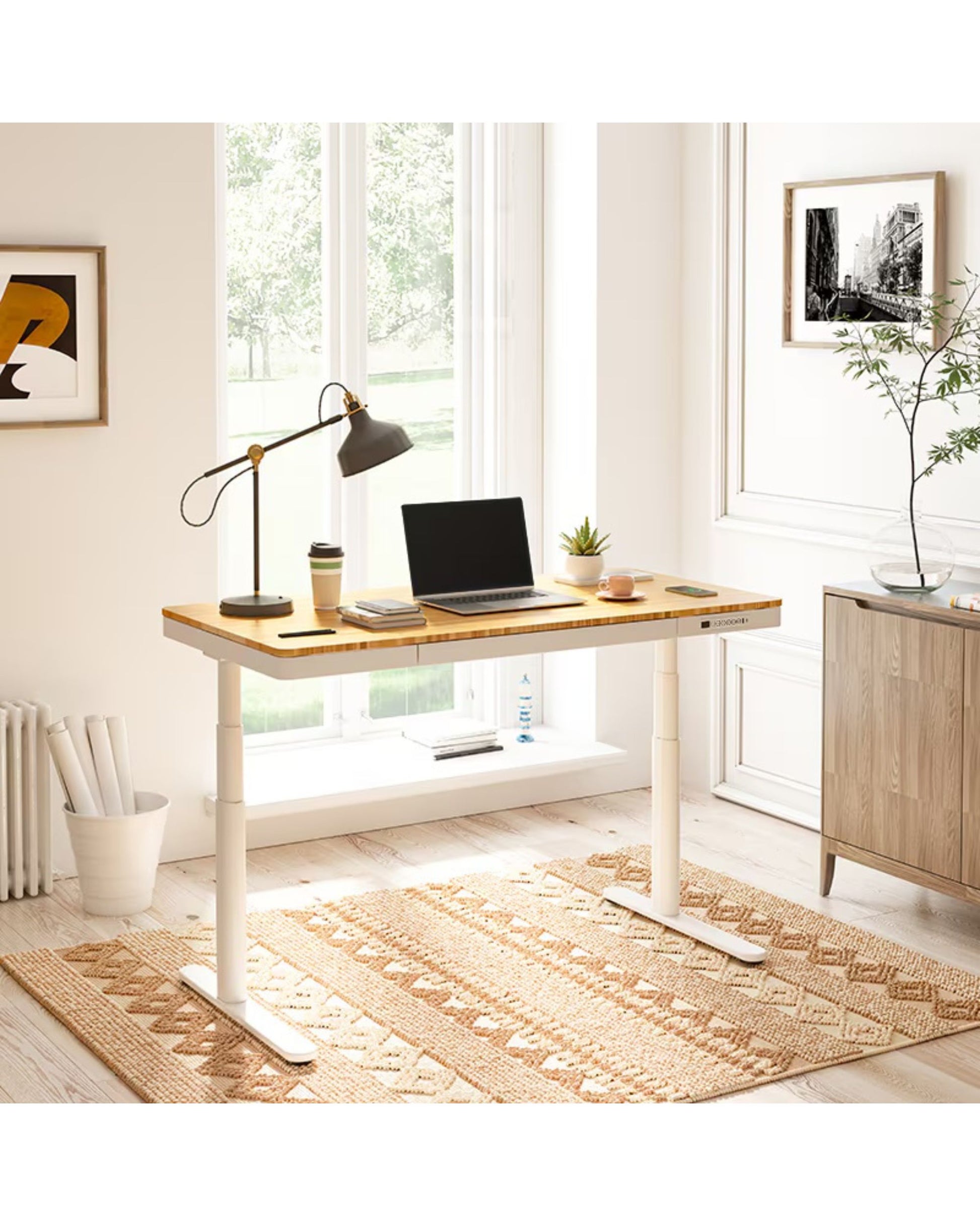 FlexiSpot Comhar Pro Q8 Electric Standing Desk with Wireless Charger - Bamboo Sit Stand Desk with Dual Motor - Office Living Store