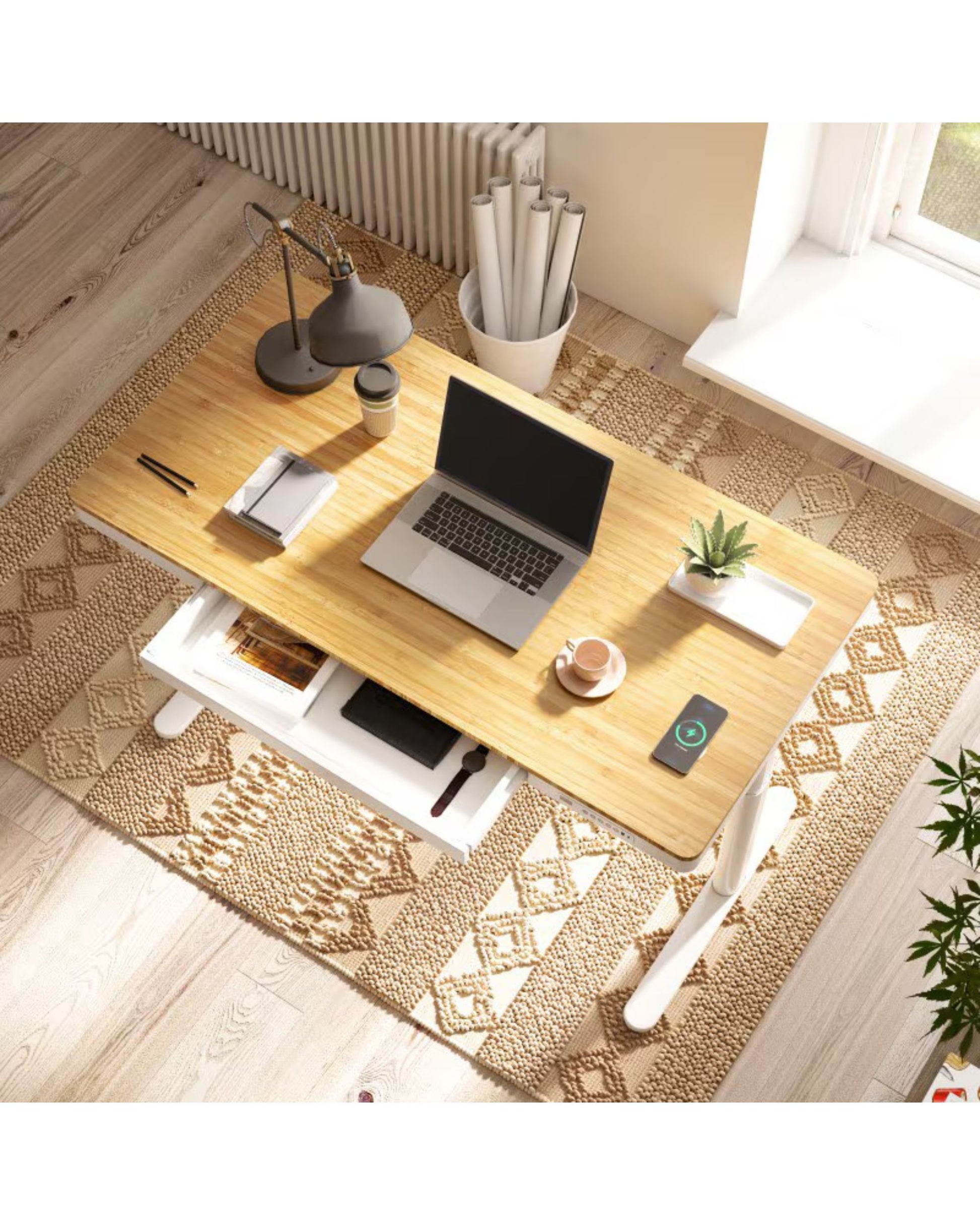 FlexiSpot Comhar Pro Q8 Electric Standing Desk with Wireless Charger - Bamboo Sit Stand Desk with Dual Motor - Office Living Store