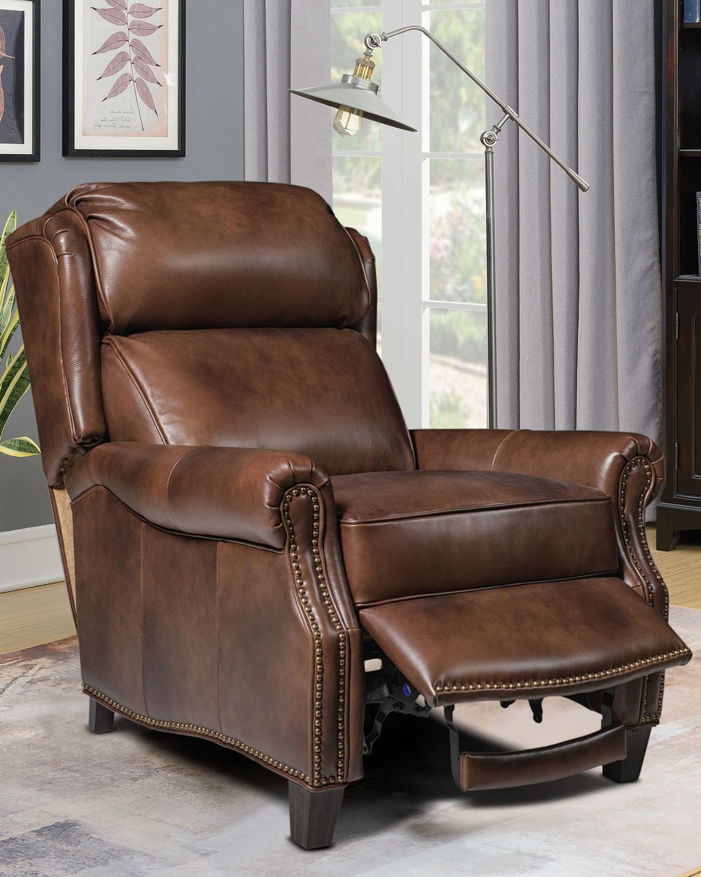 Barcalounger Meade Manual Push Back Recliner Chair with Nailhead Trim - Worthington Cognac Leather - Office Living Store