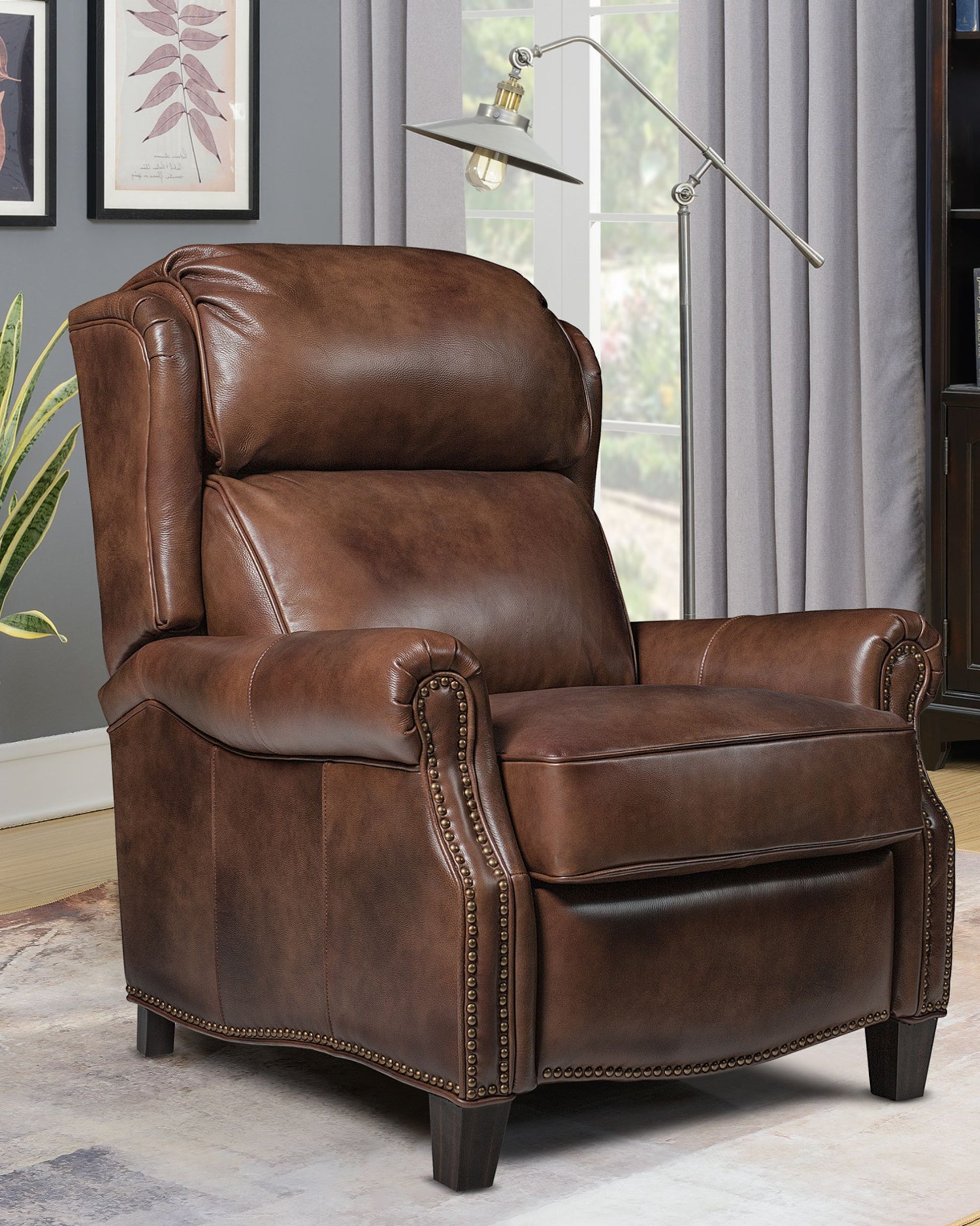 Barcalounger Meade Manual Push Back Recliner Chair with Nailhead Trim - Worthington Cognac Leather - Office Living Store